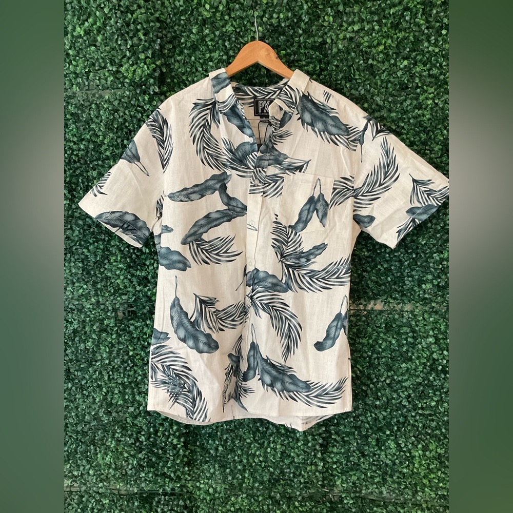 PX White and Blue Leaf Print Men's Casual Shirt